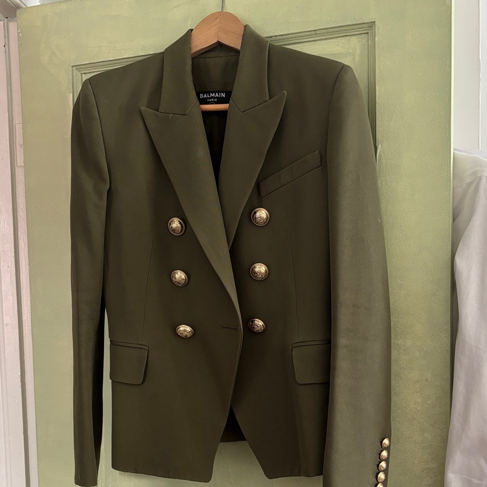 Balmain Khaki Double-Breasted Blazer with Gold Buttons